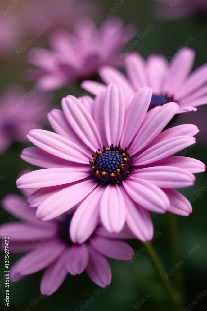 Soft pink and purple daisy blossoms, blurred background, artistic food styling, pastel, soft, bakery Soft pink and purple daisy blossoms, blurred background, artistic food styling, pastel, soft, bakery