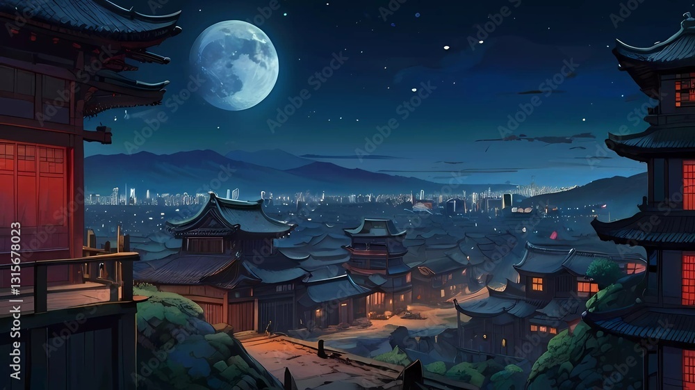 Naklejka premium ゲーム背景 中華ファンタジー歴史都市を見下ろす俯瞰風景 