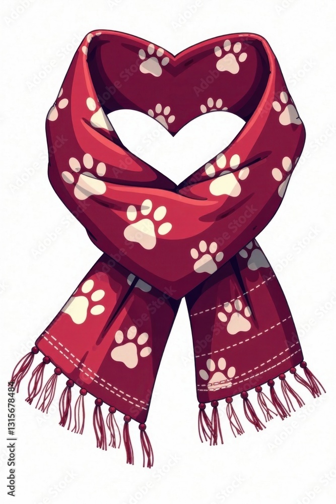 Obraz premium Isolated heart-shaped vector scarf with dog paw seamless pattern and scalloped edges, vector scarf, isolated, pattern