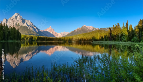 Scenic Mountain Lake with Forest and Majestic Peak Reflections