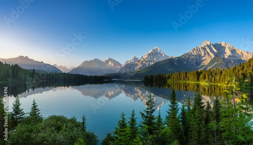 Scenic Mountain Lake with Forest and Majestic Peak Reflections