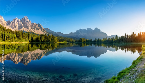 Serene Mountain Lake with Forest and Clear Peak Reflection