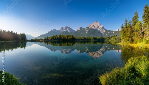 Scenic Mountain Lake with Forest and Majestic Peak Reflections