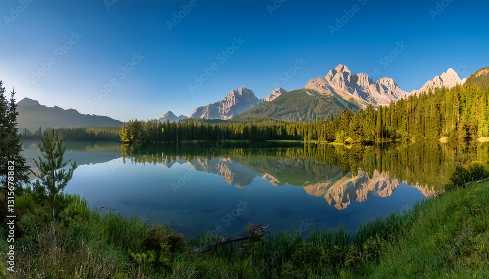 Fototapeta premium Scenic Mountain Lake with Forest and Majestic Peak Reflections