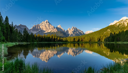 Serene Mountain Lake with Forest and Clear Peak Reflection