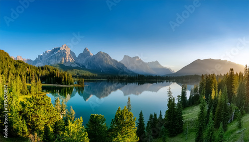 Scenic Mountain Lake with Forest and Majestic Peak Reflections