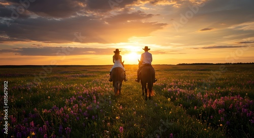 couple riding horses at sunset  