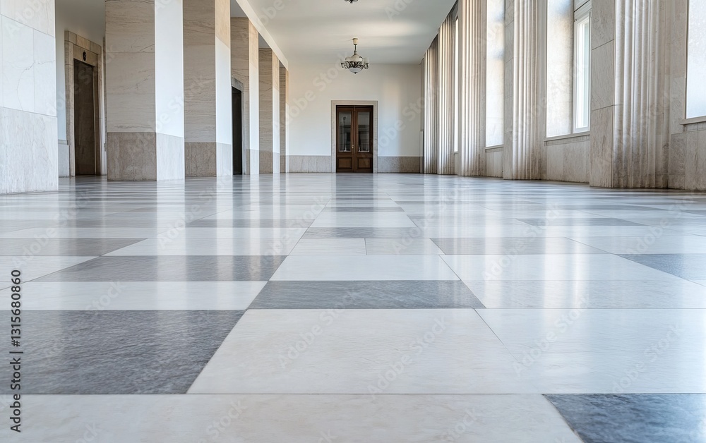 Long, bright hallway with checkered floor Long, bright hallway with checkered floor