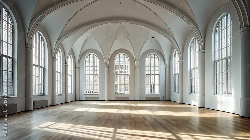 Serene Interior of a Grand Hall with Arched Windows and Natural Light Streaming In Serene Interior of a Grand Hall with Arched Windows and Natural Light Streaming In