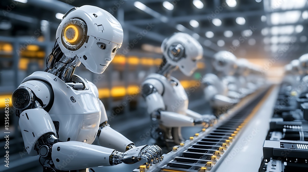 Robots working on an assembly line in a modern industrial setting. Robots working on an assembly line in a modern industrial setting.
