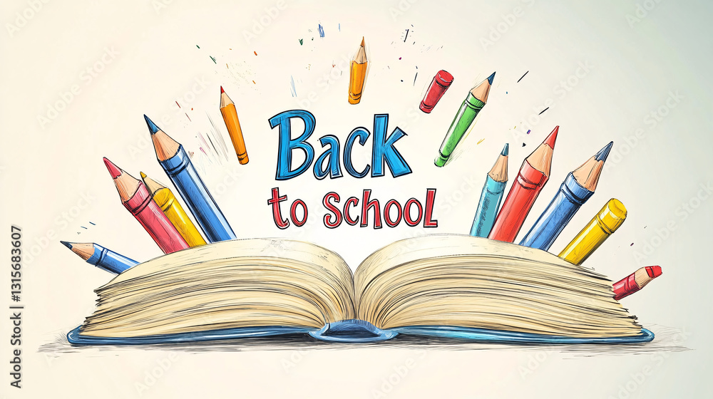 Back to school illustration with open book and colorful pencils surrounding it, symbolizing education and creativity Back to school illustration with open book and colorful pencils surrounding it, symbolizing education and creativity