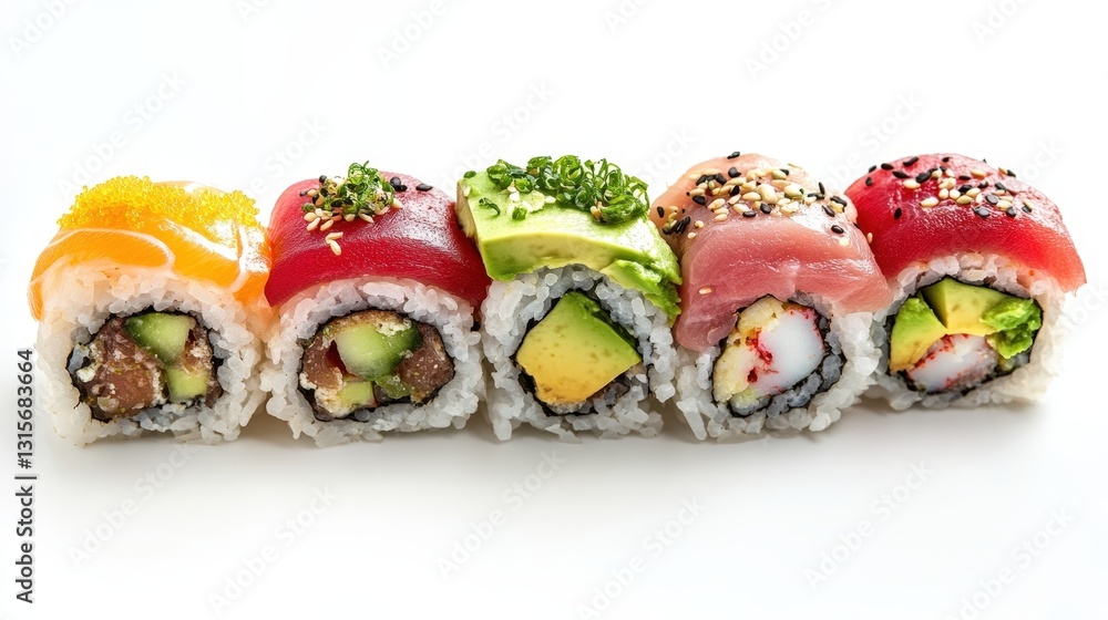 A luxurious sushi platter with three distinct rolls: the tangy Yuzu Citrus Roll, smooth Avocado Roll, and rich Tuna Roll, each crafted with premium ingredients. A luxurious sushi platter with three distinct rolls: the tangy Yuzu Citrus Roll, smooth Avocado Roll, and rich Tuna Roll, each crafted with premium ingredients.
