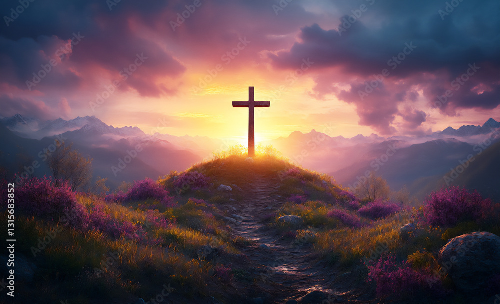 Obraz premium a cross atop the hill, with an orange and purple sky in the background,