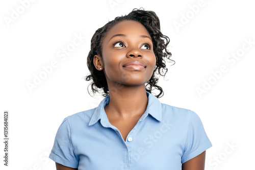 a photo of a happy young black woman in her mid 30's looking up as if she is thinking about something wearing short sleeve blue shirt isolated on a white background