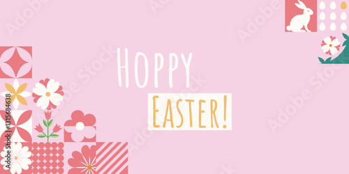 Wielkanocny baner z mozaiką z świątecznymi symbolami. Wiosenny geometryczny wzór z królikiem, jajkami i kwiatami.