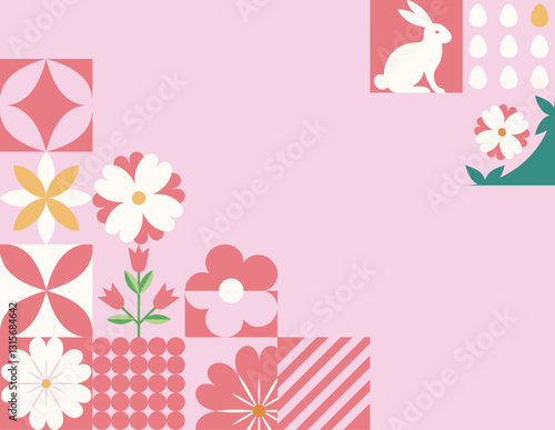 Wielkanocny różowy baner z mozaiką z świątecznymi symbolami. Wiosenny geometryczny wzór z królikiem, jajkami i kwiatami.