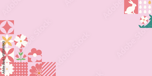 easter_banner06Wielkanocny baner z mozaiką z świątecznymi symbolami. Wiosenny geometryczny wzór z królikiem, jajkami i kwiatami.