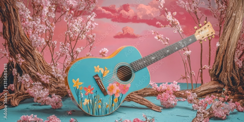 Obraz premium Captivating retro photo featuring a colorful guitar design.