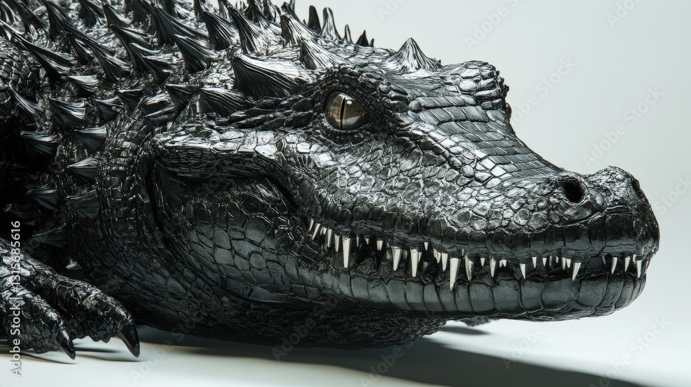 Fototapeta premium A massive crocodilian beast with obsidian-black scales, its ridges forming jagged crystalline spikes