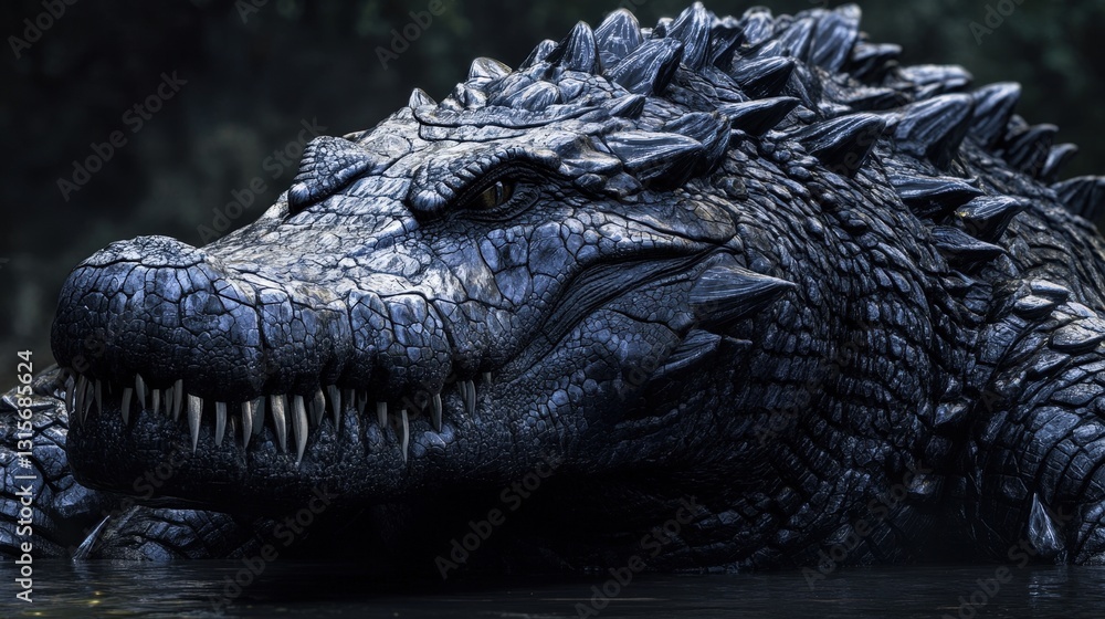 Obraz premium A massive crocodilian beast with obsidian-black scales, its ridges forming jagged crystalline spikes