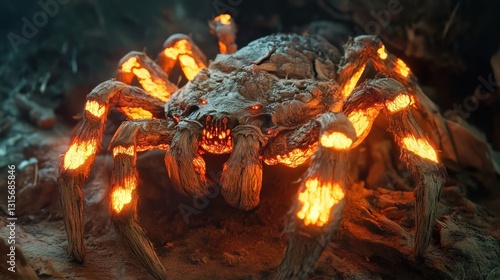 A massive spider-like creature with a body made of petrified wood, glowing fungi growing from its limbs photo
