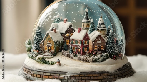 Whimsical Winter Village: A captivating snow globe showcases a charming miniature village scene, featuring cozy houses with snow-covered roofs, surrounded by a gentle snowfall.