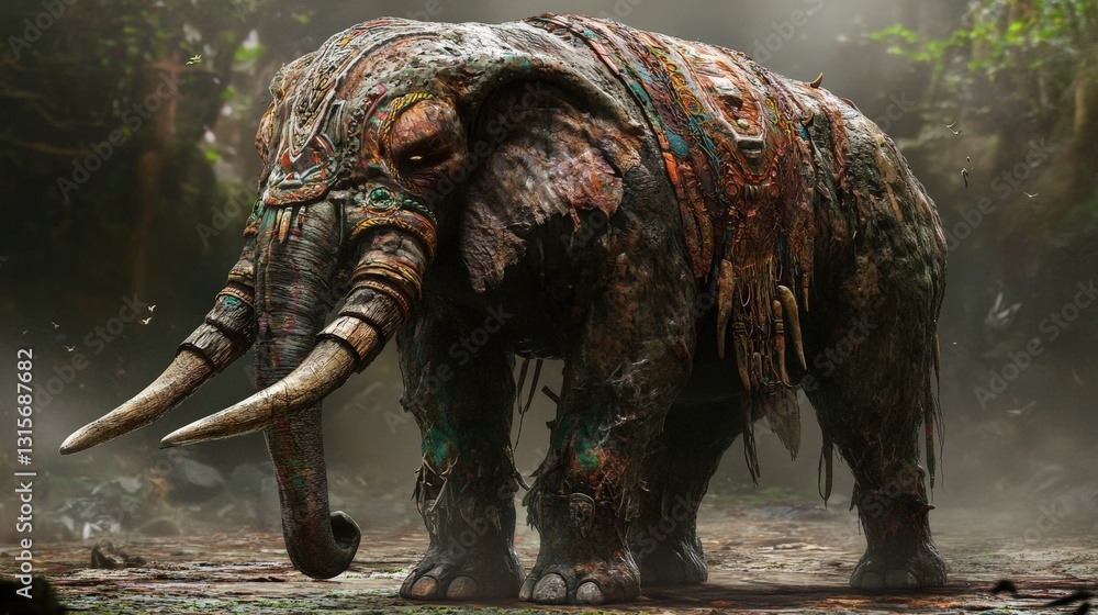 Fototapeta premium A monstrous hybrid with the rough texture of elephant skin, covered in deep scars and tribal markings