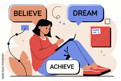 A motivated young woman writes in her notebook, surrounded by inspiring words: "Believe," "Dream," and "Achieve." The scene reflects focus, ambition, and self-growth.