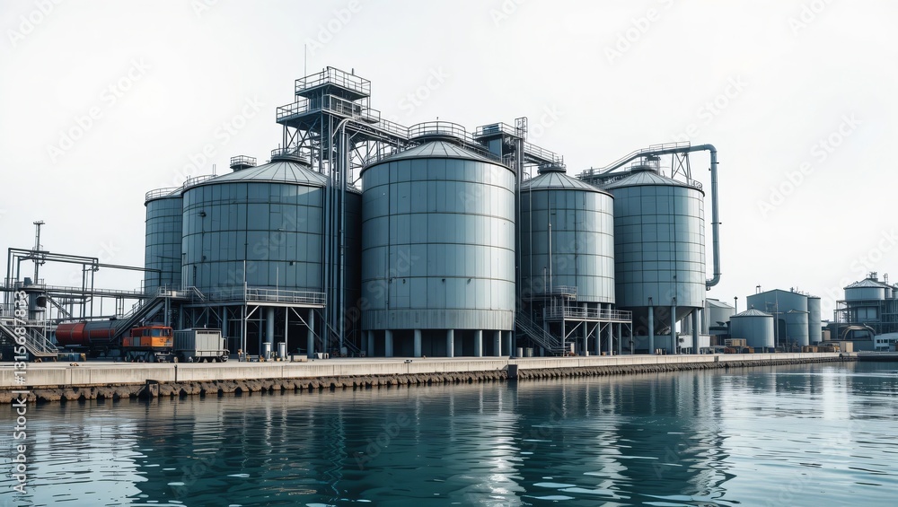 Grain silos at waterfront industrial site Grain silos at waterfront industrial site