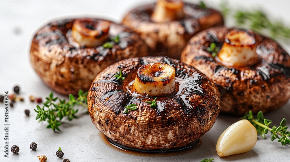 Grilled Mushrooms, Thyme, Garlic, Light Background Grilled Mushrooms, Thyme, Garlic, Light Background