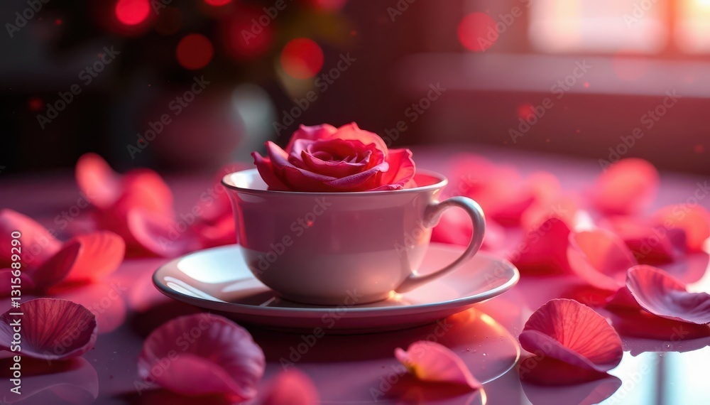 Fototapeta premium Subdued lighting, rose petals, fine china, crystal glassware, soft lighting, crystal, luxury