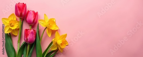 Vibrant tulips & daffodils bloom on soft pink backdrop, field, wallpaper