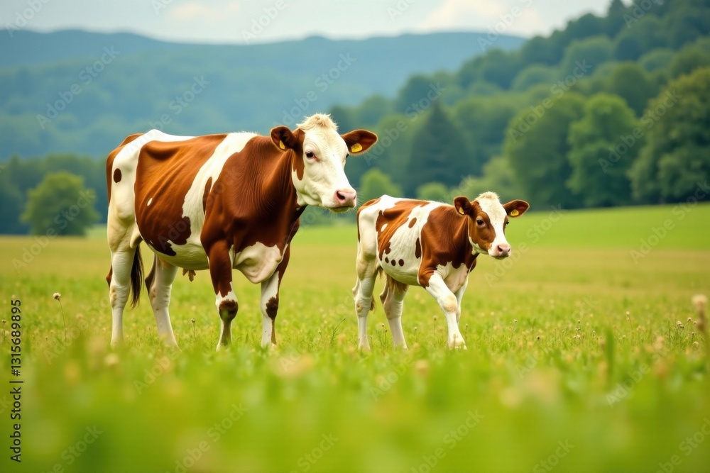 Pair of cow and calf walking through the meadow, rural life, , cow herd Pair of cow and calf walking through the meadow, rural life, , cow herd