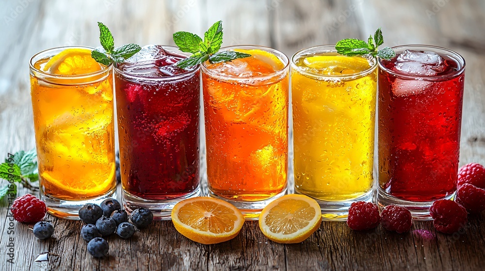 Iced fruit tea selection on rustic wood Iced fruit tea selection on rustic wood
