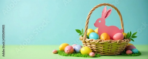 Paper cut rabbit sitting on a basket filled with colorful Easter eggs and candy, rabbit, easter eggs, candy photo