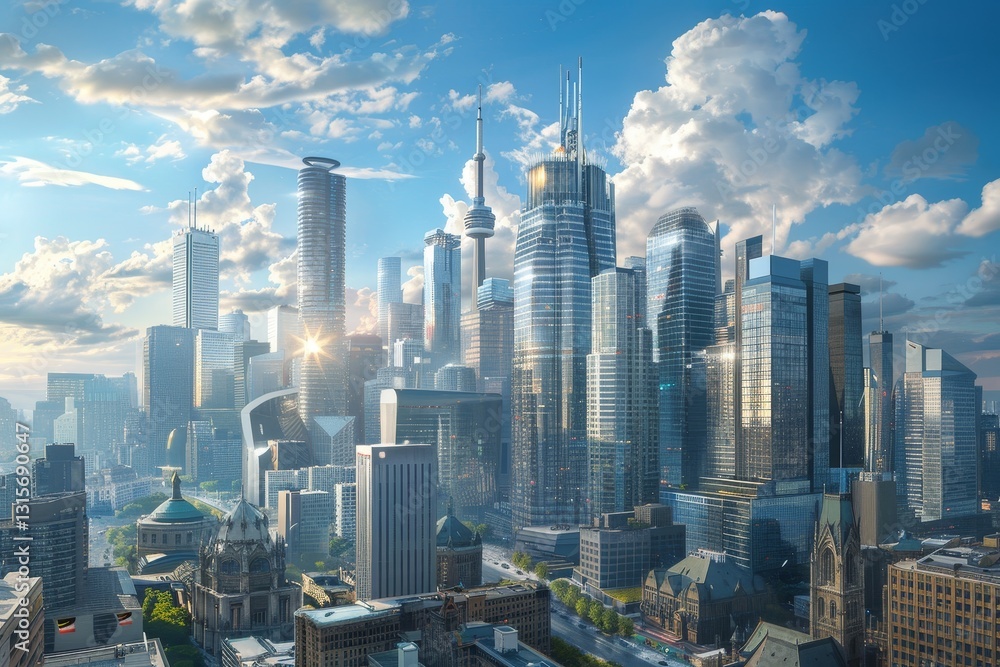 Fototapeta premium A panoramic view of Torontos downtown skyline with bright blue sky and white clouds, A modern city skyline featuring a mix of futuristic architecture and historic buildings