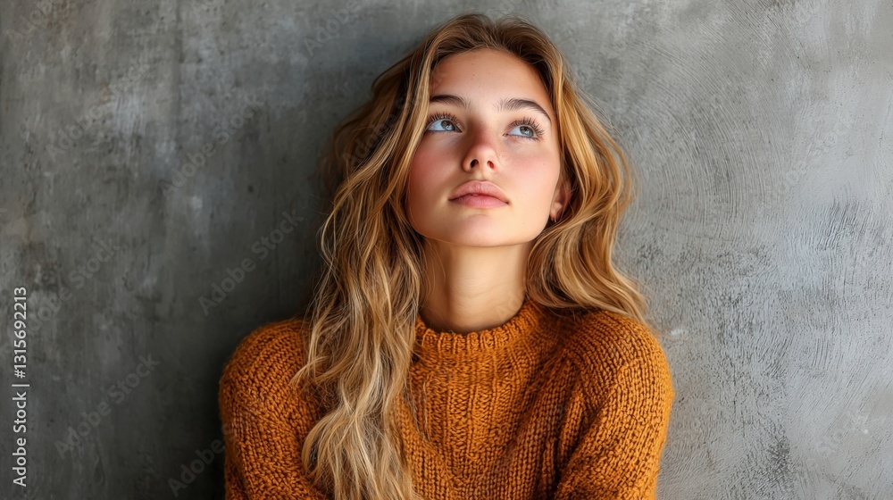 Fototapeta premium Thoughtful young woman with long hair against textured background