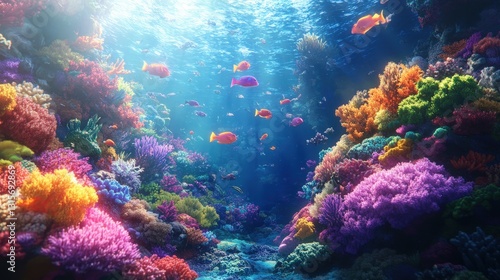 Wallpaper Mural Underwater Wonderland: A vibrant coral reef teems with life, showcasing a kaleidoscope of colors, teeming with schools of fish, with sunbeams filtering through the crystal-clear water. Torontodigital.ca