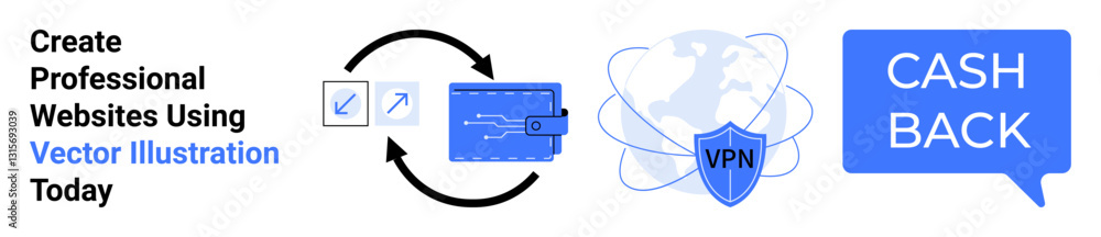 Icons of coding tools, wallet with arrows, VPN shield over a globe, and cashback speech bubble. Ideal for web development, cybersecurity, e-commerce, savings, cash flow fintech flat landing page Icons of coding tools, wallet with arrows, VPN shield over a globe, and cashback speech bubble. Ideal for web development, cybersecurity, e-commerce, savings, cash flow fintech flat landing page