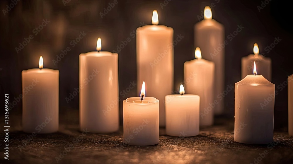 Collection of White Candles with Flickering Flames Creating a Serene and Warm Ambiance in a Dimly Lit Environment Collection of White Candles with Flickering Flames Creating a Serene and Warm Ambiance in a Dimly Lit Environment