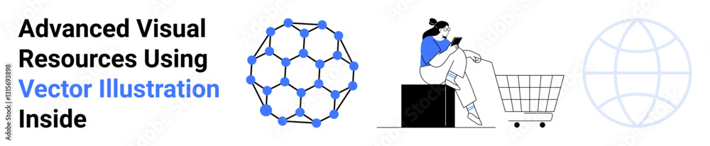 Woman sitting near a shopping cart browsing her phone, stylized molecule structure, and global globe concept. Ideal for e-commerce, digital connectivity, science, innovation, data analysis, modern Woman sitting near a shopping cart browsing her phone, stylized molecule structure, and global globe concept. Ideal for e-commerce, digital connectivity, science, innovation, data analysis, modern