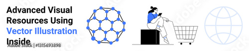 Woman sitting near a shopping cart browsing her phone, stylized molecule structure, and global globe concept. Ideal for e-commerce, digital connectivity, science, innovation, data analysis, modern