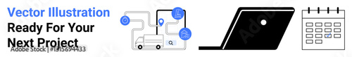 Truck delivery network diagram with connected nodes, tablet for coordination, and calendar for scheduling. Ideal for logistics, supply chain, planning, business strategy, tech, scheduling abstract