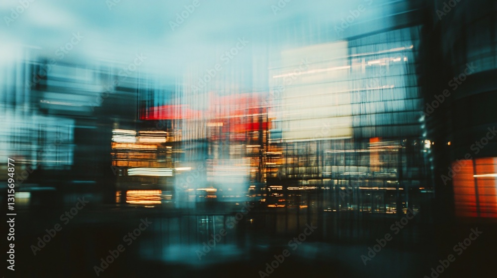 Fototapeta premium Blurred Cityscape at Dusk with Vintage Analog TV Screen Effects