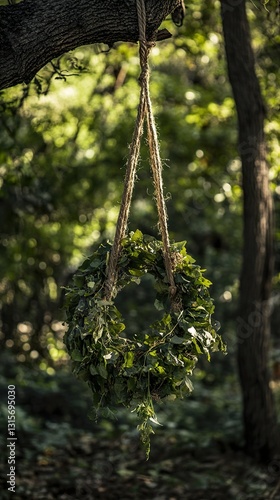 Forest Green Wreath Hanging from Tree Branch