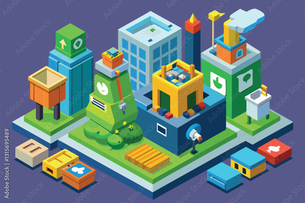 This artwork showcases a vibrant, customizable recycling center surrounded by eco-friendly buildings and elements, Recycling Customizable Isometric Illustration This artwork showcases a vibrant, customizable recycling center surrounded by eco-friendly buildings and elements, Recycling Customizable Isometric Illustration