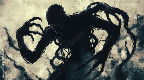 A shadowy monster with skin resembling a writhing mass of human hands, reaching and grasping