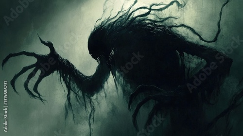 A shadowy monster with skin resembling a writhing mass of human hands, reaching and grasping