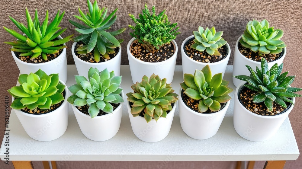Collection of Beautiful Succulent Plants in White Pots Arranged Neatly on a Table Against a Modern Background Collection of Beautiful Succulent Plants in White Pots Arranged Neatly on a Table Against a Modern Background