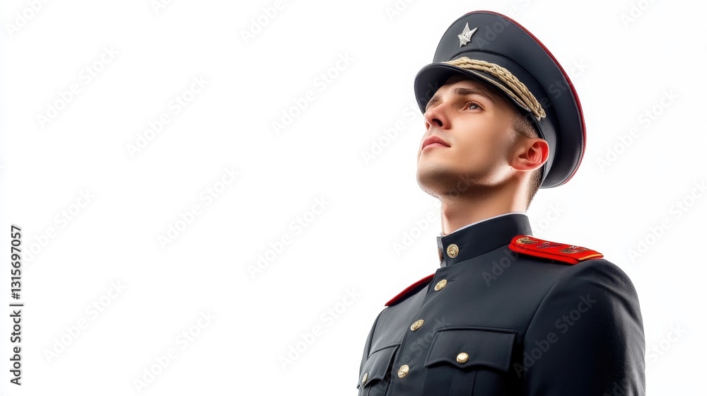 A soldier in uniform, standing at attention, isolated on a pure white background A soldier in uniform, standing at attention, isolated on a pure white background